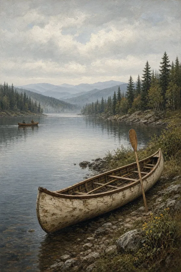 Birch-bark canoe on a lake shore with a wooden paddle standing in the hull